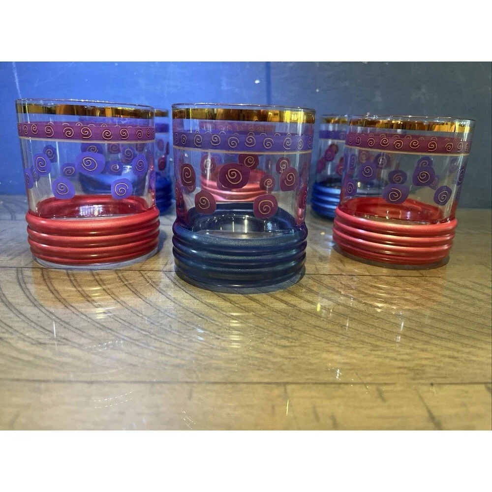 Sakura Sango Sue Zipkin MCM Golf Rim MCM Drinking Glass Blue Red Gold Rimmed VTG